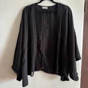 FREE PEOPLE | Black Cupro Open Front Kimono with Openwork Insets | One Size